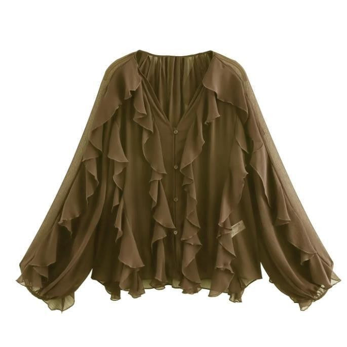 Damen Rüschenbluse mit weitem Schnitt und ballonartigen Ärmeln