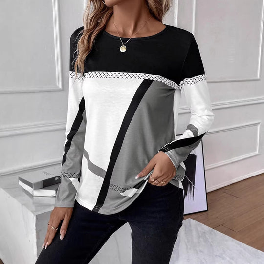 Damen Langarmshirt mit grafischem Colorblock-Design und Rundhals Nord Taschen
