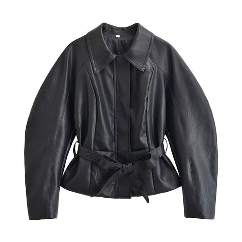Damen Taillierte Lederoptik-Jacke mit Bindegürtel und Ballonärmeln Nord Taschen