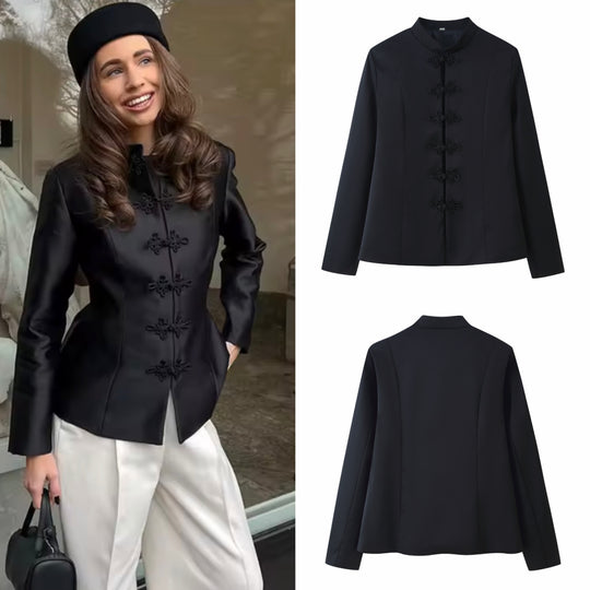 Damen 100+ elegante taillierte Blusenjacke mit Mandarinkragen und dekorativen Knotenverschlüssen Nord Taschen