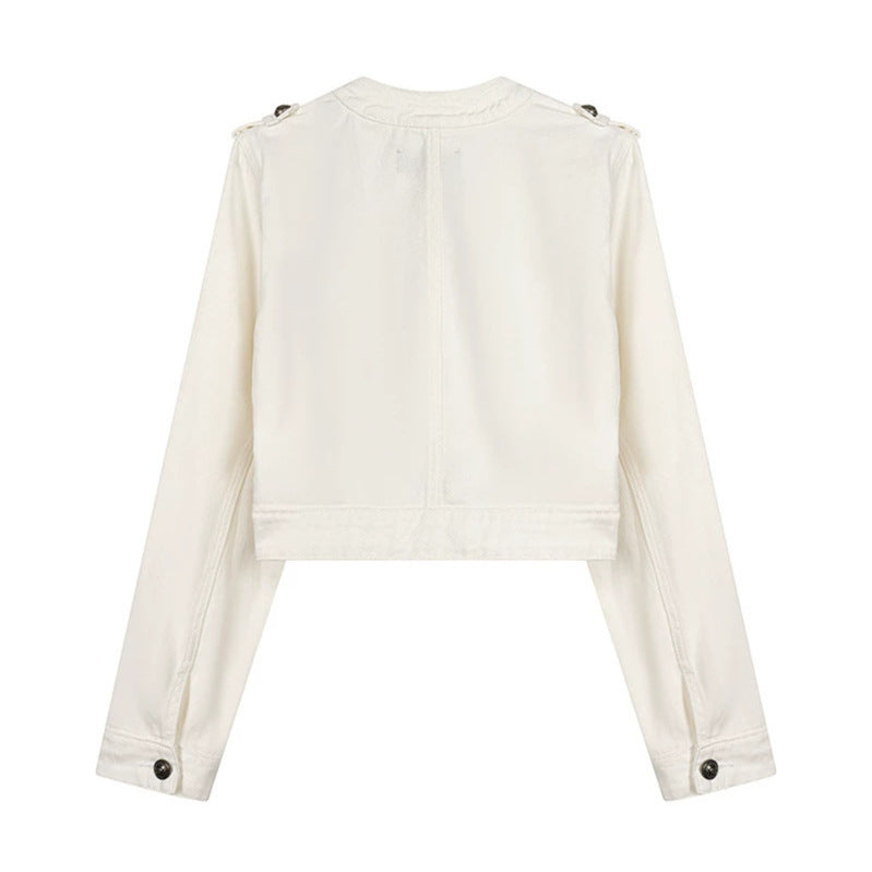 Damen Cropped-Denimjacke im Military‑Stil mit Zierknopfleisten Nord Taschen