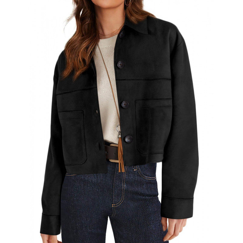 Damen kurze Wildleder-Optik Jacke mit aufgesetzten Taschen und Hemdkragen Nord Taschen