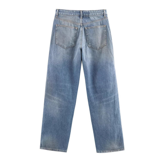 Damen Weite High‑Waist Jeans mit geradem Bein und Vintage-Wash Nord Taschen