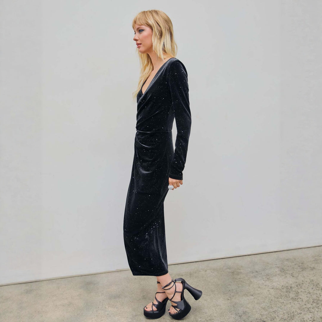 Damen glamouröses Samt-Wickelkleid mit Glitzereffekt, Raffung und hohem Beinschlitz Nord Taschen