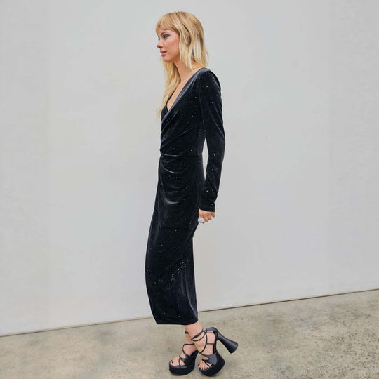 Damen glamouröses Samt-Wickelkleid mit Glitzereffekt, Raffung und hohem Beinschlitz Nord Taschen