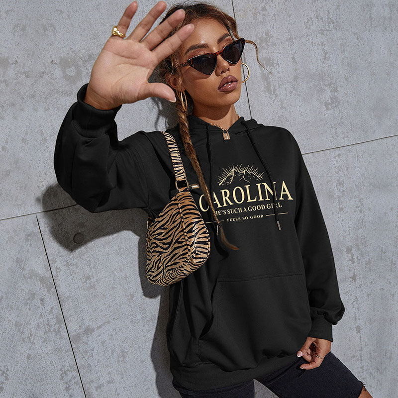 Damen Lässiger Oversize-Kapuzenpullover mit Statement-Print, Kängurutasche und Rippbündchen Nord Taschen