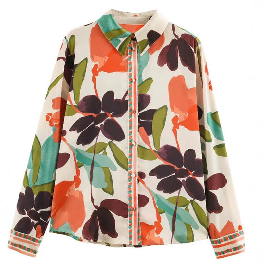 Damen Seidenähnliche Hemdbluse mit abstraktem Blumenprint und Zierpaspel Nord Taschen