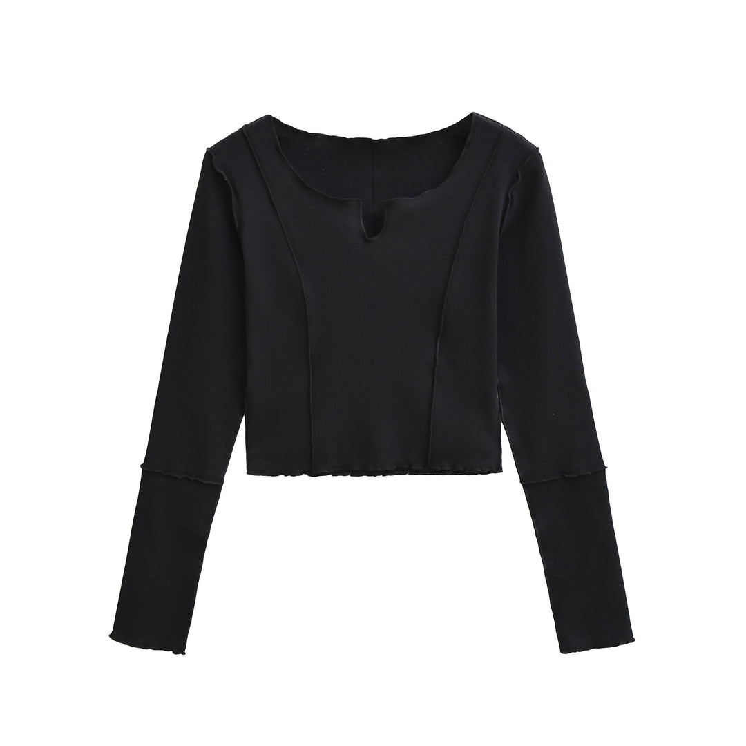Damen Kurzes Langarmshirt mit sichtbaren Rollnähten und Notch-Ausschnitt Nord Taschen