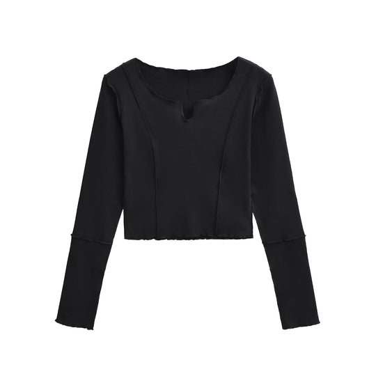 Damen Kurzes Langarmshirt mit sichtbaren Rollnähten und Notch-Ausschnitt Nord Taschen