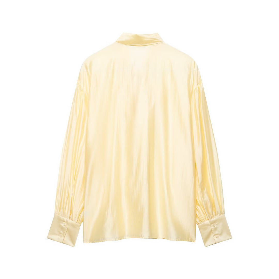 Damen Seidige Bluse mit Schleifenkragen und Ballonärmeln Nord Taschen