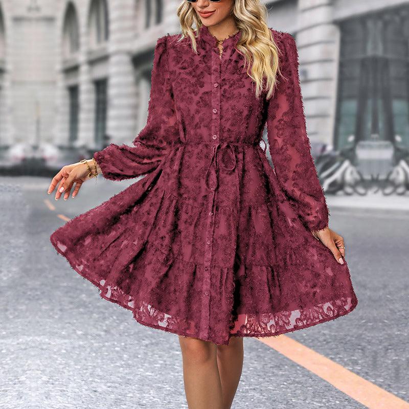 Damen Texturiertes Blusen‑Skaterkleid mit Volantstufen, durchgehender Knopfleiste und Taillenzug Nord Taschen