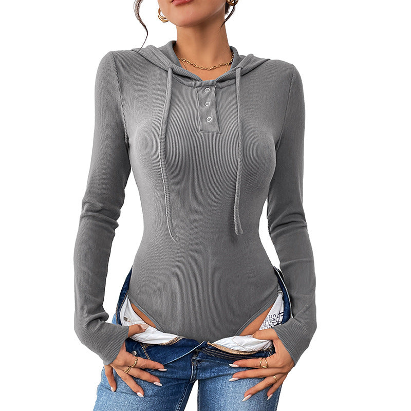Damen Langarm Body mit Kapuze und Knopfdetail Nord Taschen