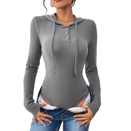 Damen Langarm Body mit Kapuze und Knopfdetail Nord Taschen