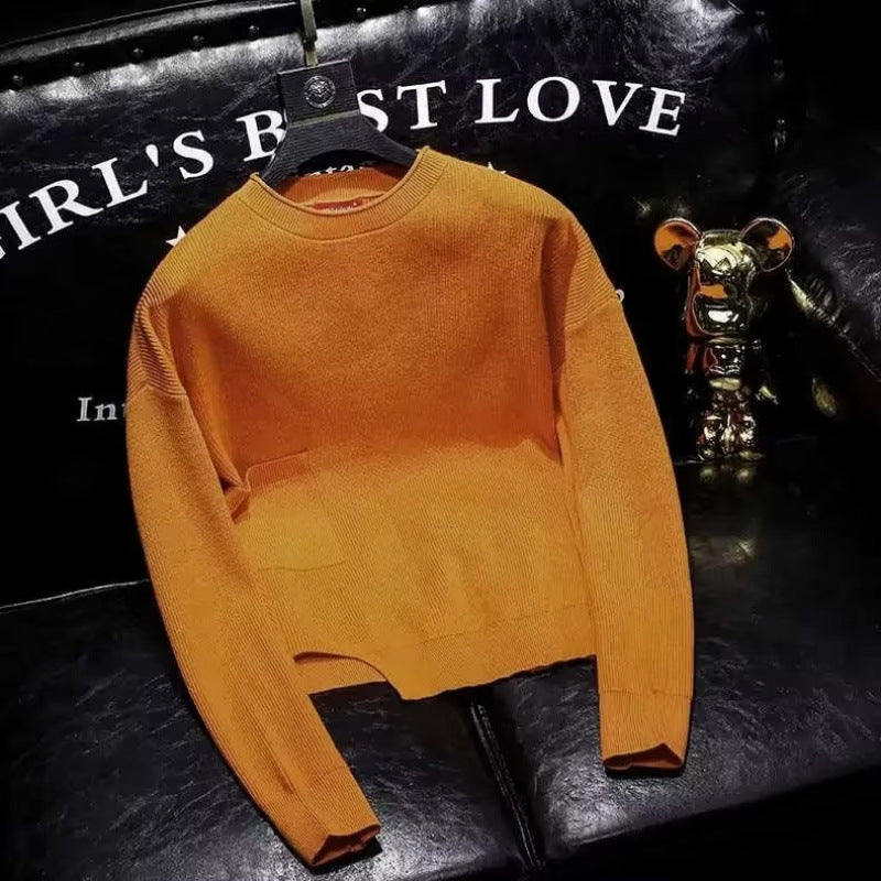 Damen Kurz geschnittener Strickpullover mit unregelmäßigem Saum und Rundhalsausschnitt Nord Taschen