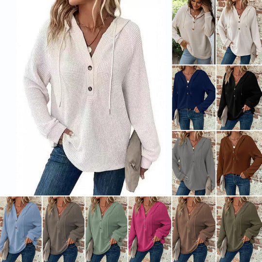 Damen Waffelstrick-Hoodie mit Henley-Knopfleiste und Oversize-Schnitt Nord Taschen