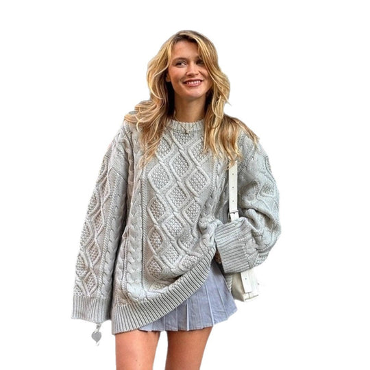 Damen Oversize Strickpullover mit Zopfmuster und Rippbündchen Nord Taschen