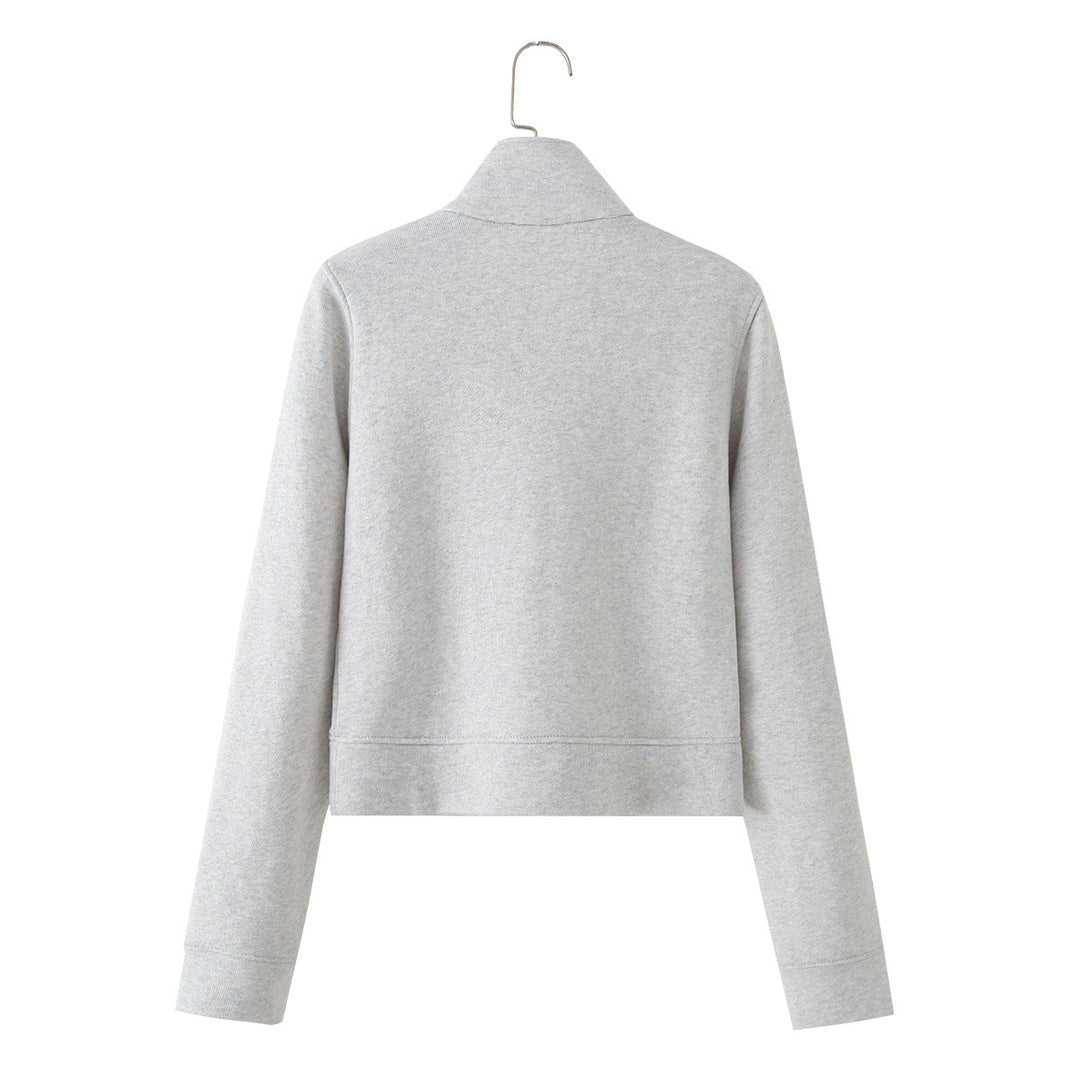 Damen Kurz geschnittene Sweatjacke mit Stehkragen und dekorativen Zierpaspeln Nord Taschen