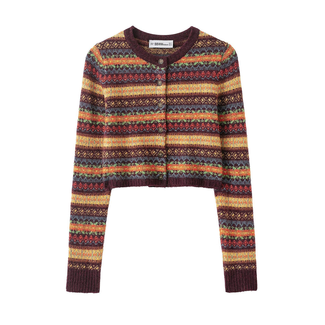 Damen Kurzgeschnittene Fair-Isle Strickjacke mit Rundhalsausschnitt und Knopfleiste Nord Taschen