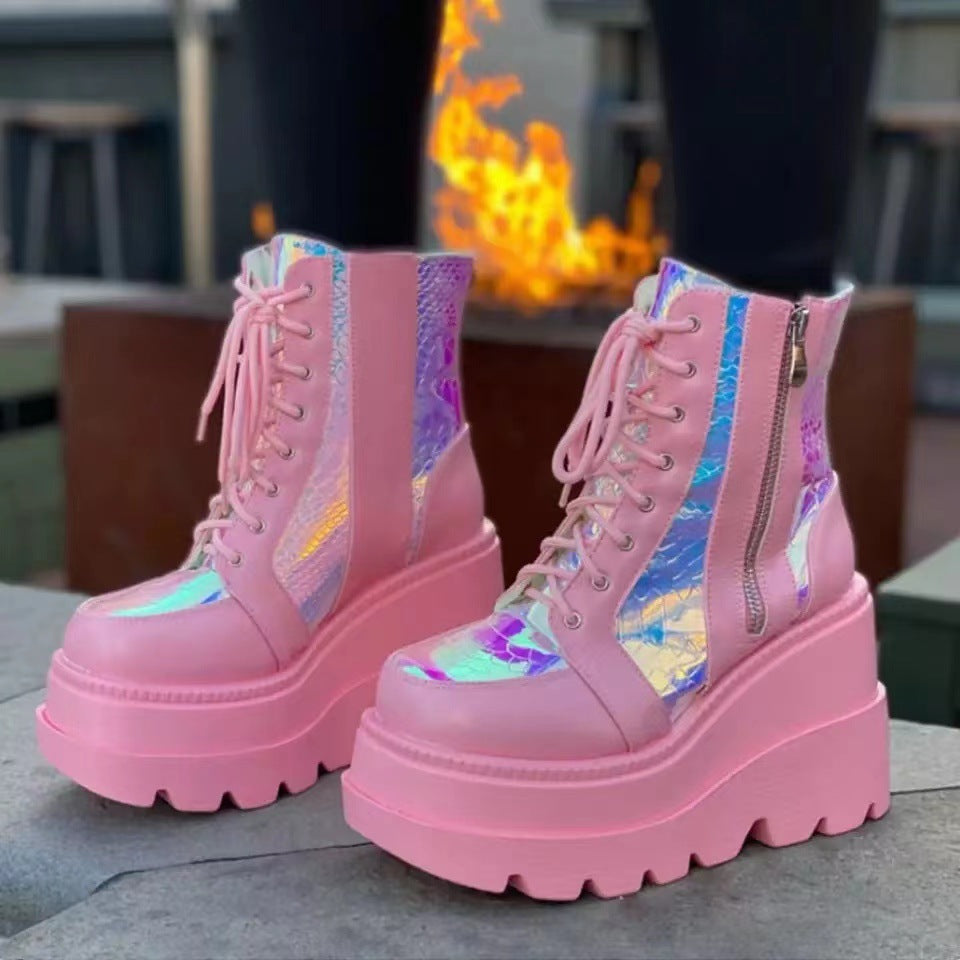 Damen Hochformatige Plateau-Schnürstiefel mit Kunstleder und reflektierenden Akzenten