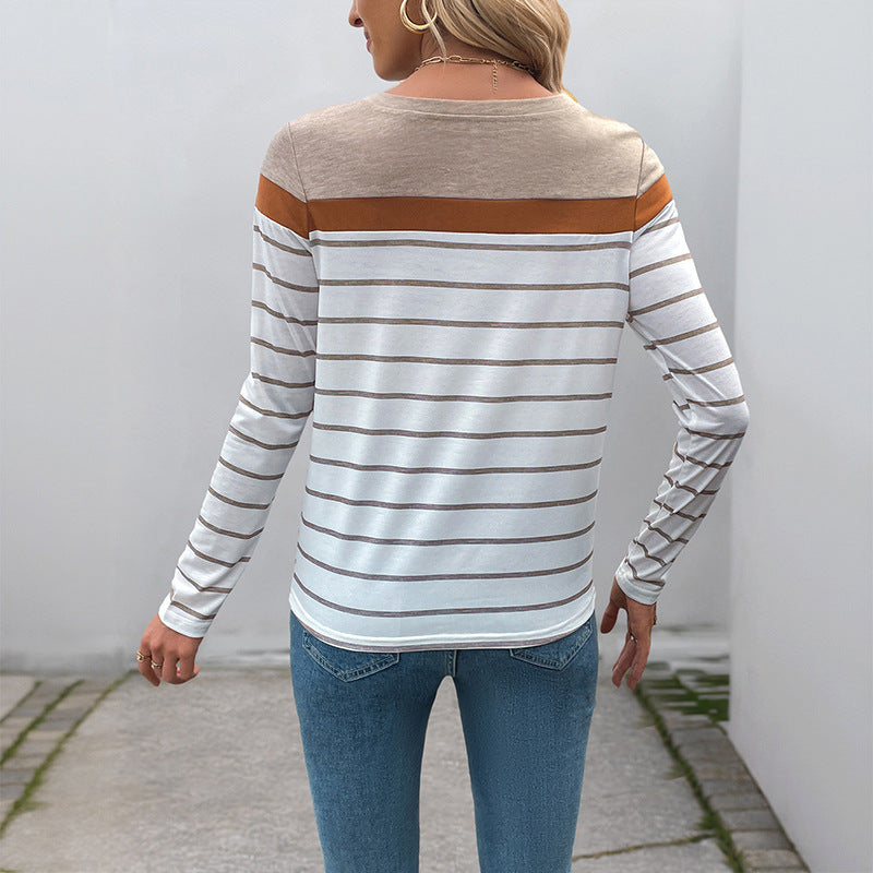 Damen Gestreiftes Langarmshirt mit U-Boot-Ausschnitt und Farbblock-Schulter Nord Taschen