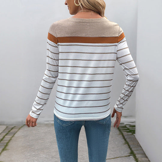 Damen Gestreiftes Langarmshirt mit U-Boot-Ausschnitt und Farbblock-Schulter Nord Taschen