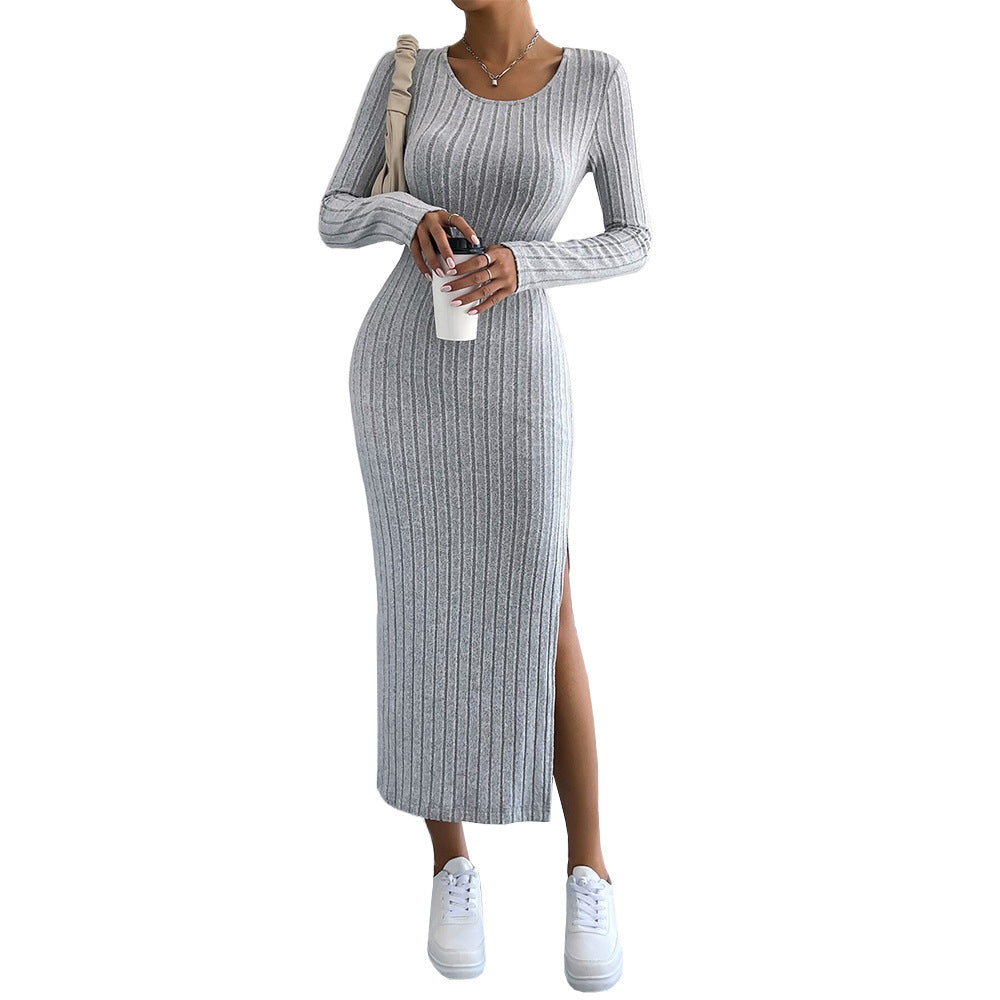 Damen figurbetontes Rippenstrick-Midikleid mit schmaler Silhouette, Rundhalsausschnitt und seitlichem Oberschenkelschlitz Nord Taschen