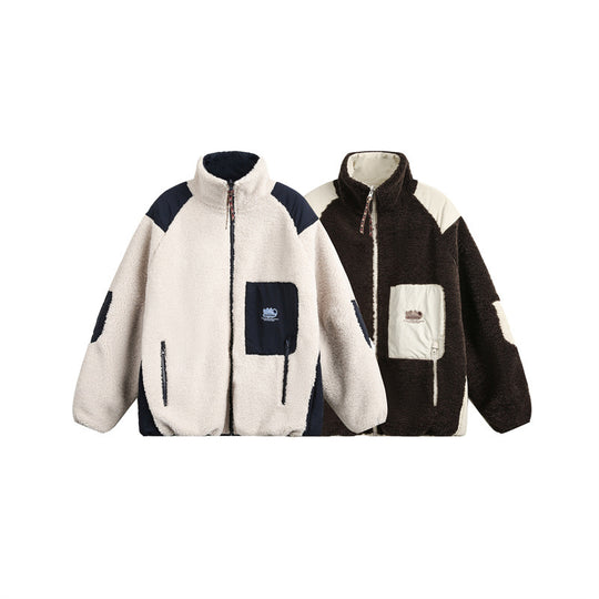 Unisex Oversize Teddy‑Fleecejacke mit Kontrast-Nylonbesätzen und Stehkragen Nord Taschen