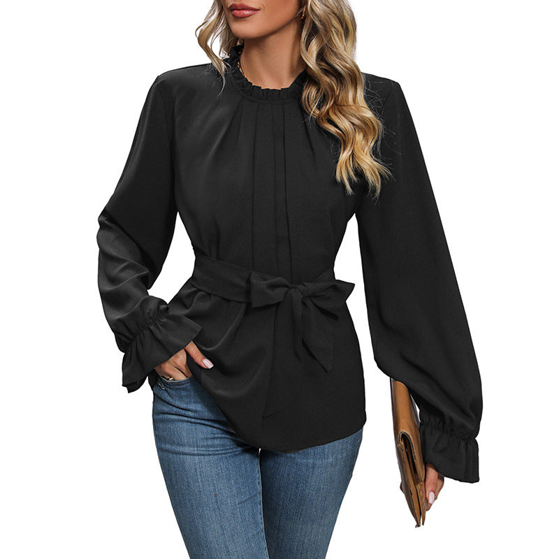 Damen Elegante Bluse mit Rüschendetails und Bindegürtel Nord Taschen