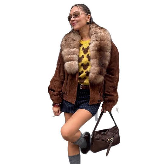 Damen Wildleder-Bomberjacke mit voluminösem Pelzschal und elastischem Saum Nord Taschen