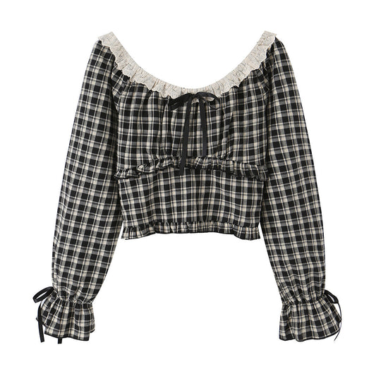 Damen Schulterfreies Karo-Cropped-Top mit Spitzenbesatz, geraffter Taille und Bindebändern Nord Taschen