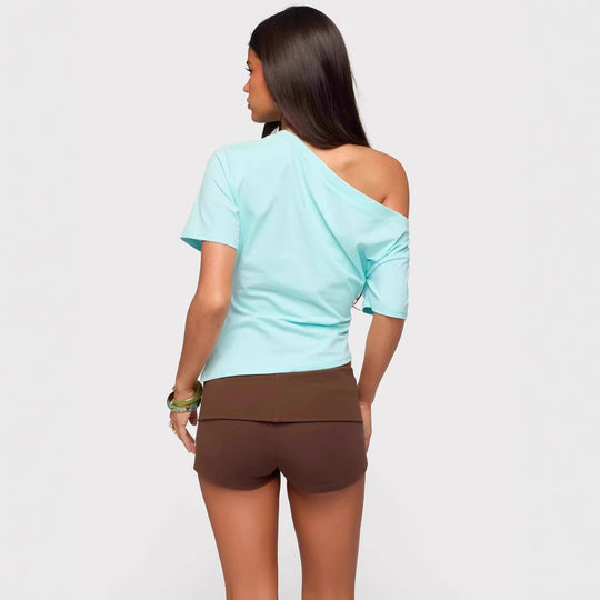 Damen asymmetrisches Oberteil mit schulterfreiem Design und kurzen Ärmeln