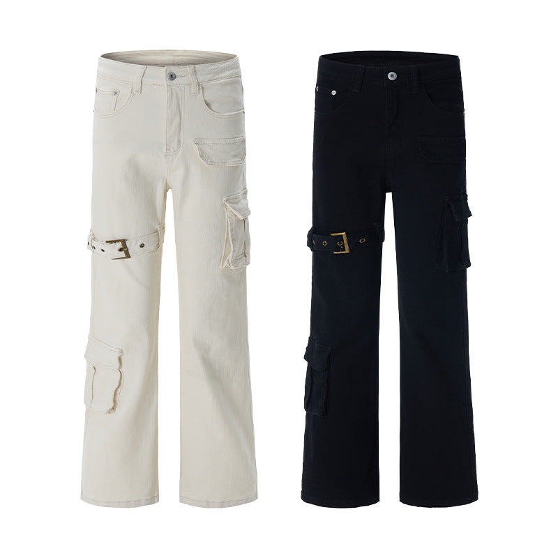 Damen Cargo-Flared-Jeans mit hoher Bundlinie, Utility-Taschen und Beinschnalle Nord Taschen