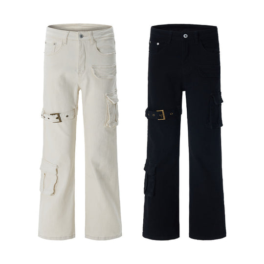 Damen Cargo-Flared-Jeans mit hoher Bundlinie, Utility-Taschen und Beinschnalle Nord Taschen