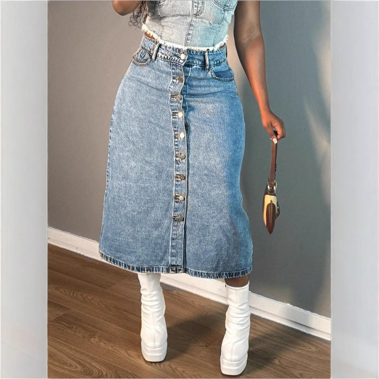Damen A-Linien Denim-Midirock mit taillenhohem Bund und durchgehender Knopfleiste Nord Taschen