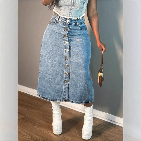 Damen A-Linien Denim-Midirock mit taillenhohem Bund und durchgehender Knopfleiste Nord Taschen
