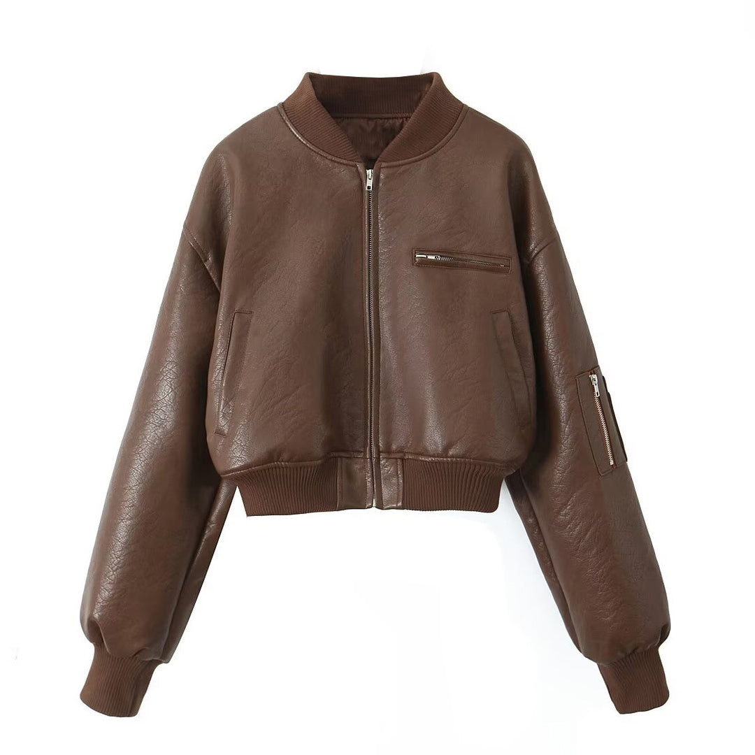 Damen Cropped-Bomberjacke in Vintage-Lederoptik mit Ärmeltasche und breitem Rippbündchen Nord Taschen
