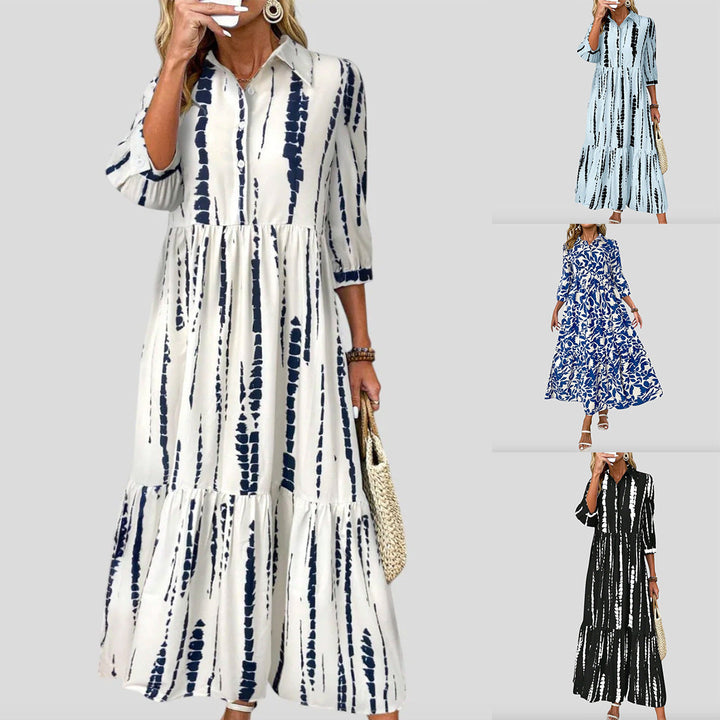 Damen Langarm Maxikleid mit modernen Streifenmuster und Taschen