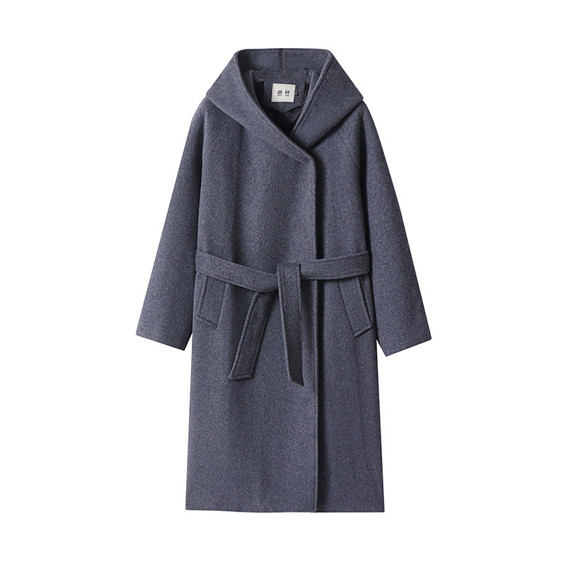 Damen Maxi-Mantel mit überzogener Kapuze, Bindegürtel und minimalistischer Wollmix‑Silhouette Nord Taschen