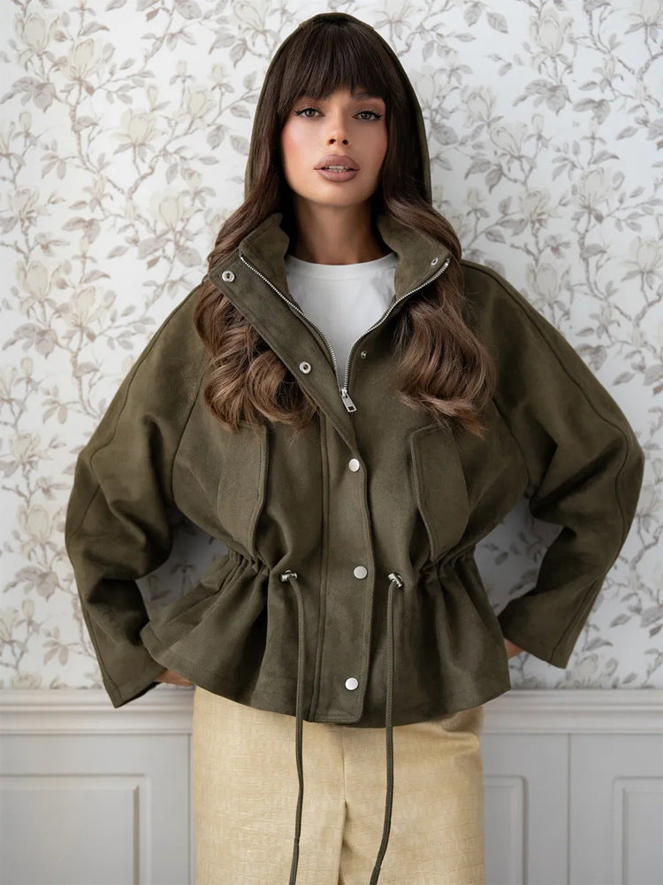 Damen Kurzblouson aus Veloursleder-Optik mit Kapuze, Tunnelzug‑Taillierung und Pattentaschen Nord Taschen