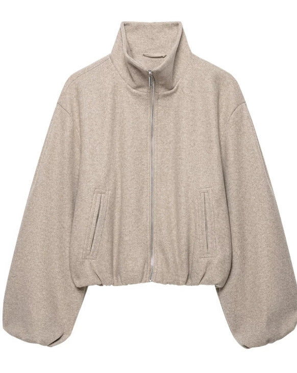 Damen Kurz geschnittene Wollmix-Jacke mit Stehkragen, Reißverschluss und Ballonärmeln Nord Taschen
