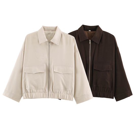 Damen Oversize Kurzjacke mit Metallreißverschluss, großen Pattentaschen und elastischem Saum Nord Taschen