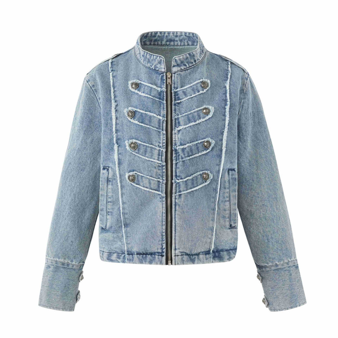 Damen Denim‑Blouson im Military‑Look mit Stehkragen und Zierknopfleiste Nord Taschen
