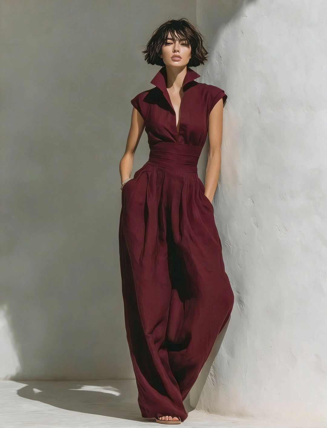 Damen Jumpsuit mit weitem Bein, tailliertem Wickelbund und Stehkragen Nord Taschen