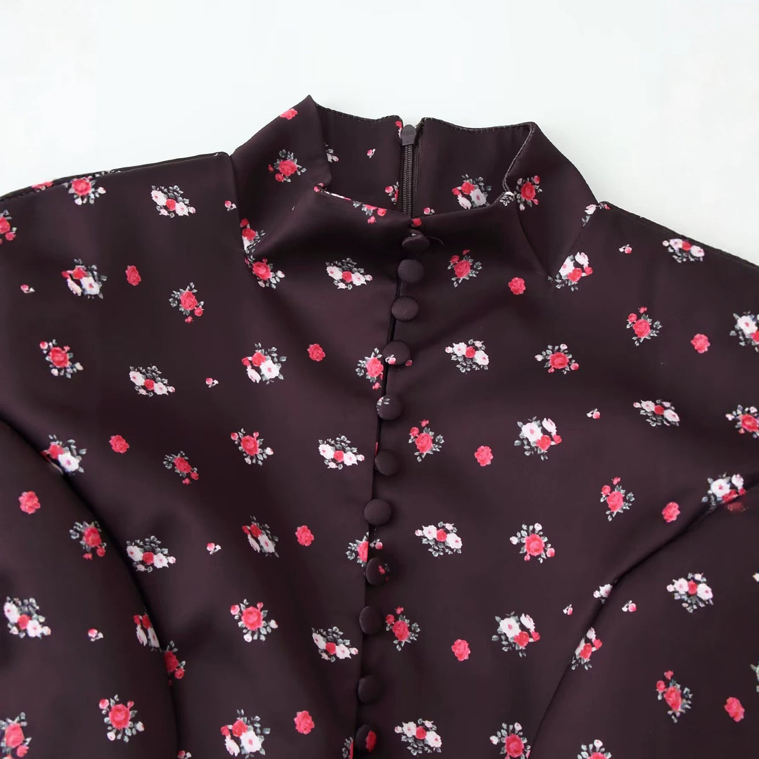 Damen Langärmliges Maxikleid mit Stehkragen, durchgehender Knopfleiste und floralem Alloverprint Nord Taschen