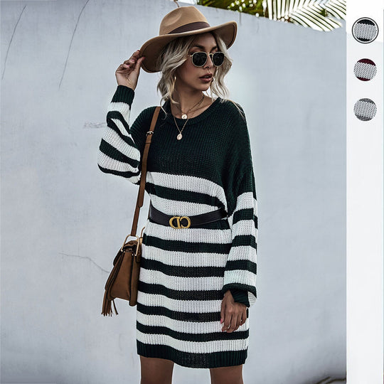 Damen Strickkleid im Oversize-Look mit Blockstreifen und geripptem Saum Nord Taschen