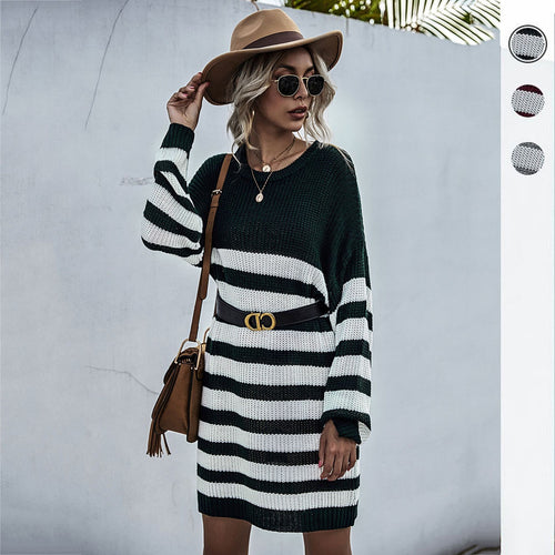 Damen Strickkleid im Oversize-Look mit Blockstreifen und geripptem Saum Nord Taschen