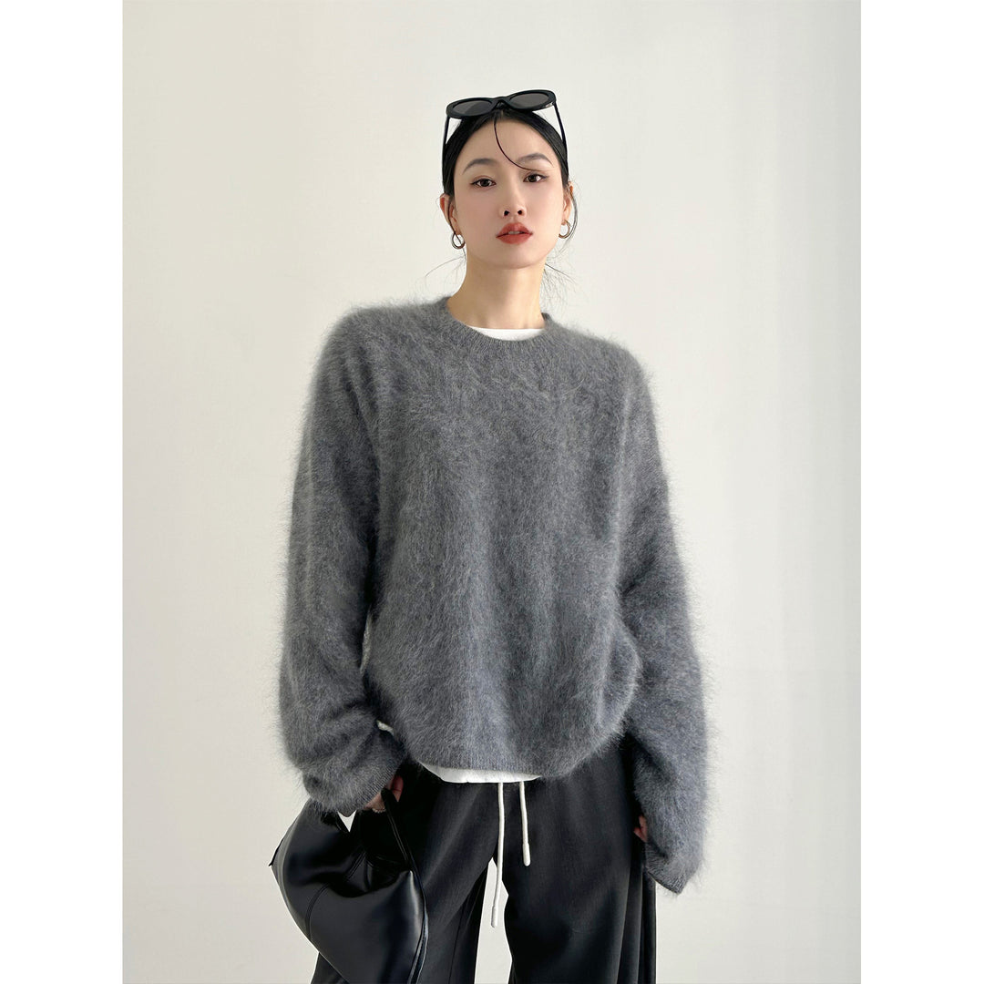 Damen weicher Mohair-Pullover mit Rundhals und Oversize-Schnitt Nord Taschen