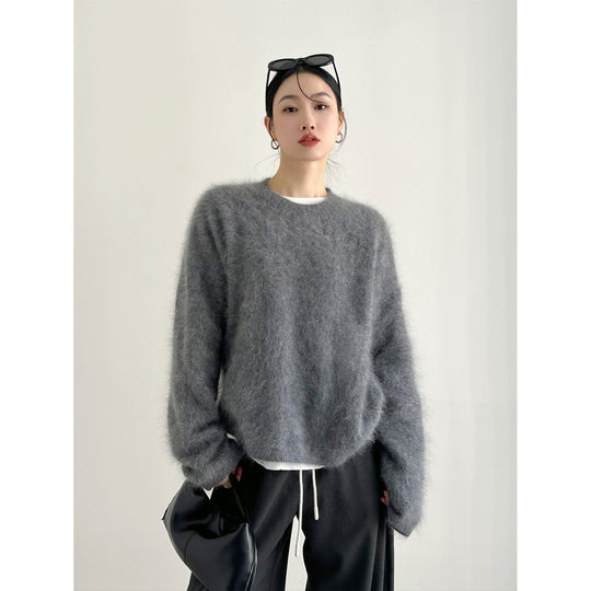 Damen weicher Mohair-Pullover mit Rundhals und Oversize-Schnitt Nord Taschen