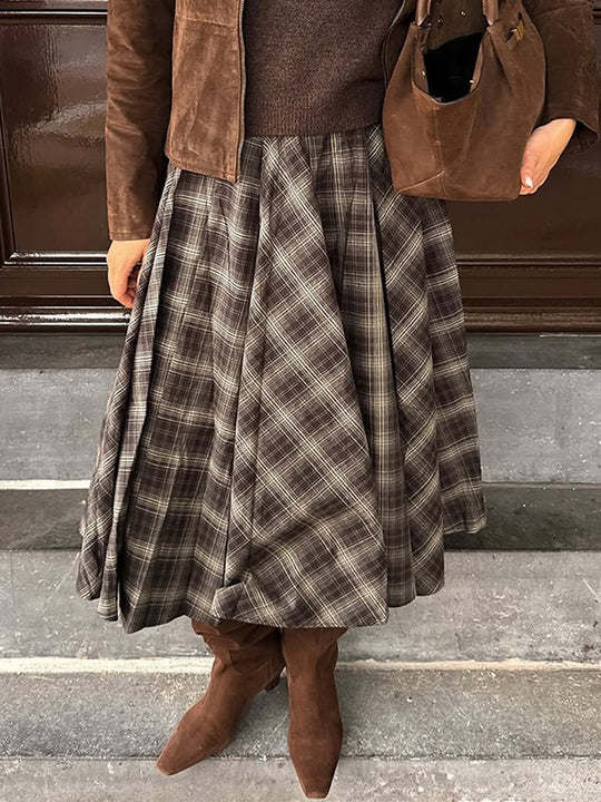 Damen Karierter Midirock mit weitem Tellerfalten‑Schnitt und hoher Taille Nord Taschen