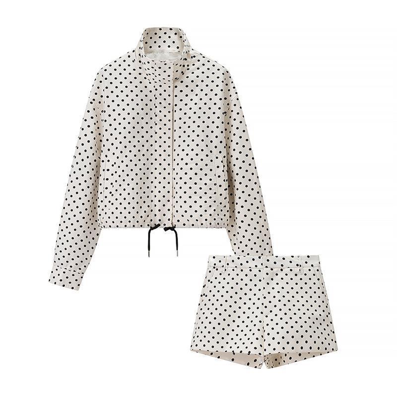 Damen Zweiteiliges Gepunktetes Blazer- und Shorts-Set mit Volumenärmeln und hoher Taille Nord Taschen